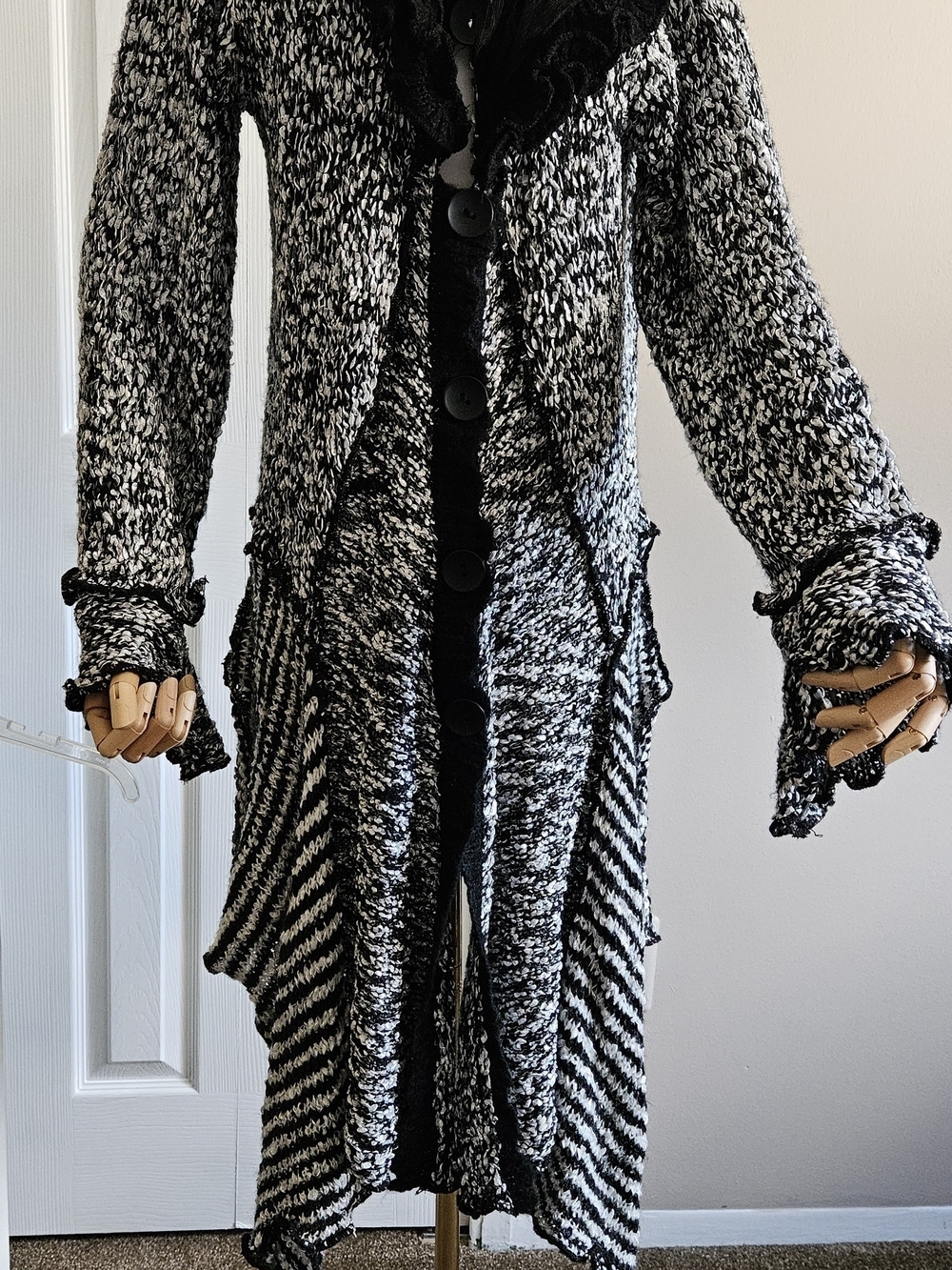 Pretty Angel Silk Wool Blend Ruffle Long Cardigan Black White Marled Duster. XL